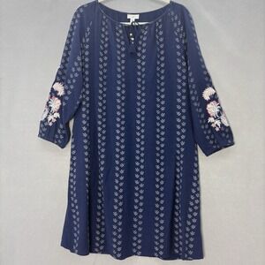 J. Jill Floral Embroidered Dress‎ Medium Peasant Tunic Blue Batik Floral Boho